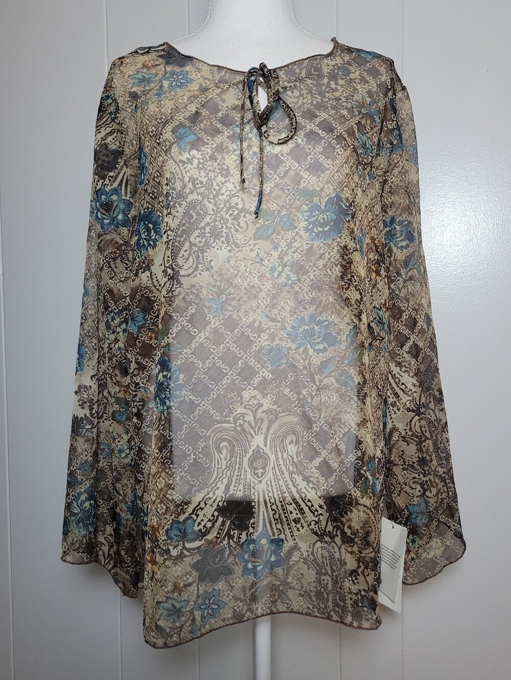 NWT Original Anthony Sheer Bell Sleeve Blouse Tie Neckline Arsty Avant Garde MD